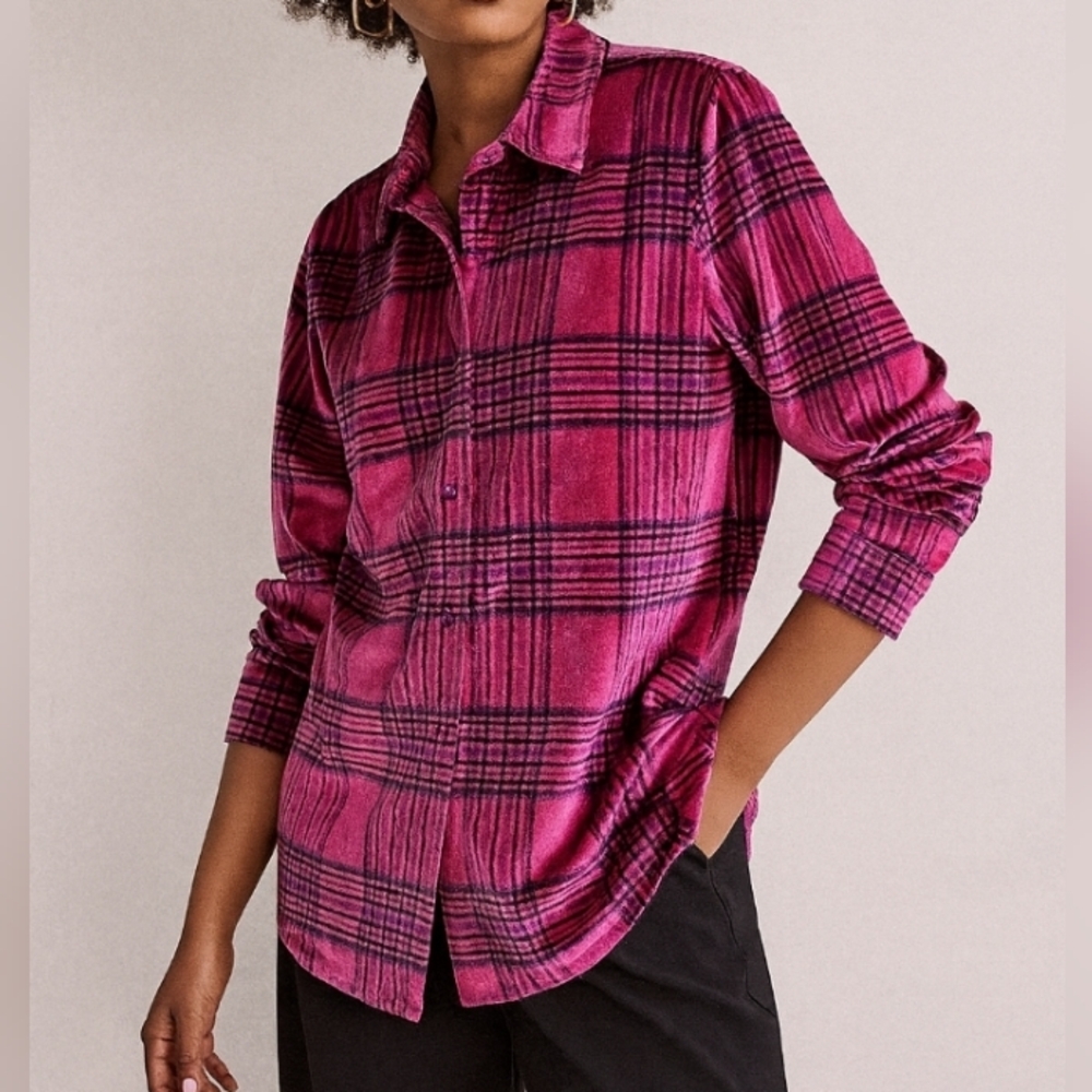 Denim 24/7 Velour Bold Plaid Shirt Pink Blue Medium